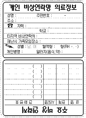 지갑에 넣어 활용하세요의 개인 비상연락망 의료정보 - 성명, 주민번호, 주소, 자택, 학교, 타지역비상연망, 재난시 가족모임장소, 성별(남,여), 혈액형(RH +, -), 개인병명, 알러지(음식,약), 주요비상연락처 - 성명, 관계, 시도명, 전화번호 표 이미지