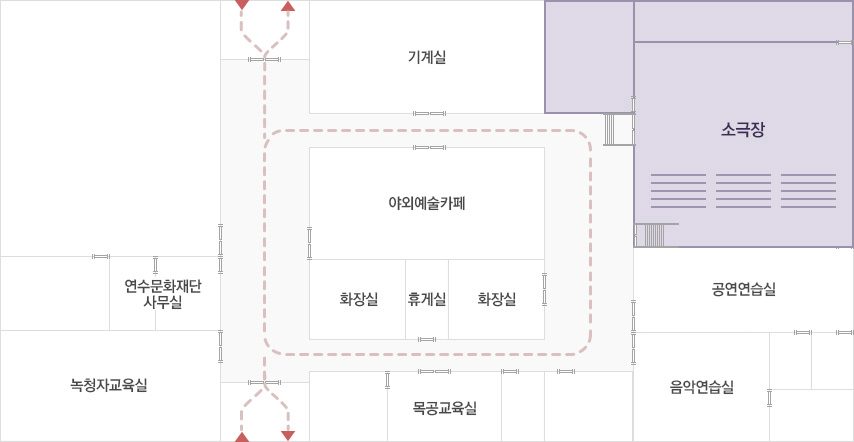 문화의 집 평면도 / 연수문화재단사무실, 녹청자교육실, 기계실, 야외예술카페, 화장실, 휴게실, 화장실, 목공교육실, 소극장, 공연연습실, 음악연습실