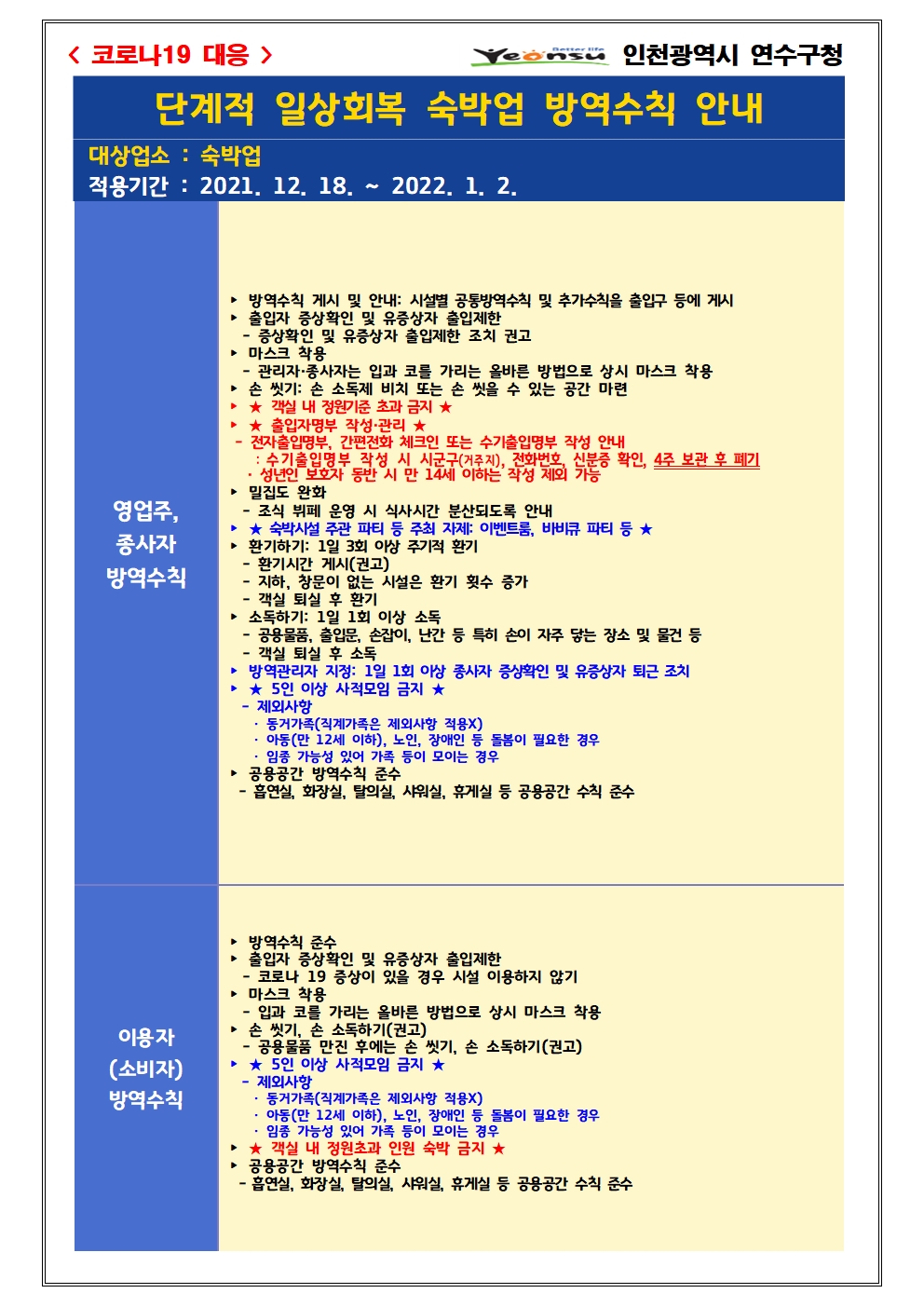 단계적 일상회복 지속을 위한 숙박업 방역강화 조치 안내의 2번째 이미지