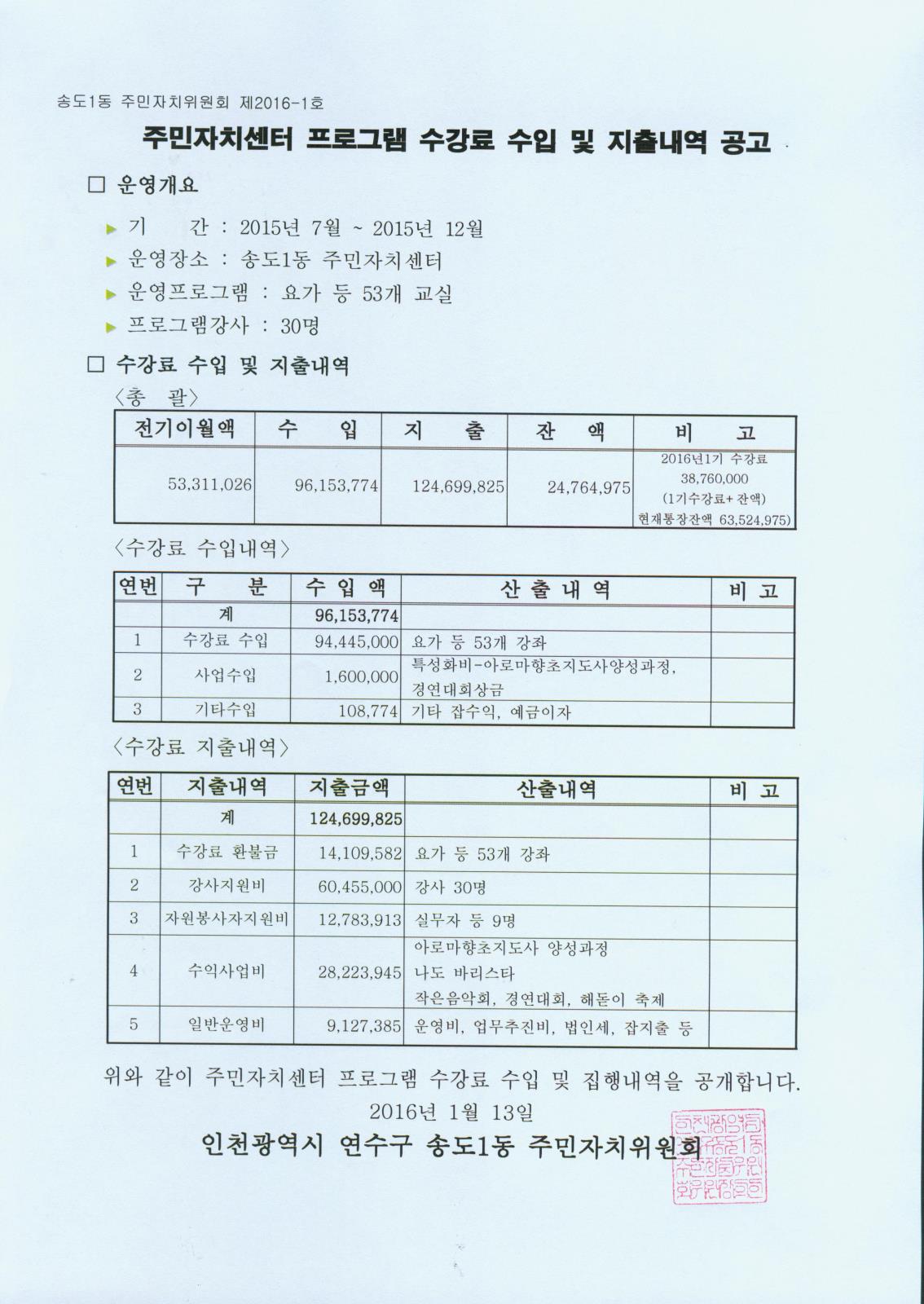 주민자치센터 프로그램 수강료 수입 및 지출내역 공고(2015년 하반기)의 번째 이미지